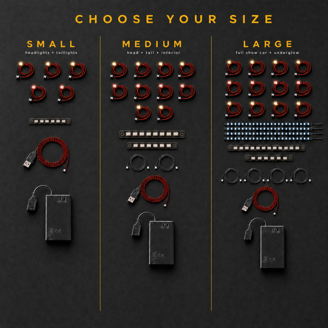 Custom Car Lighting Kit for LEGO® — Choose your size: Small, Medium and Large kit contents compared